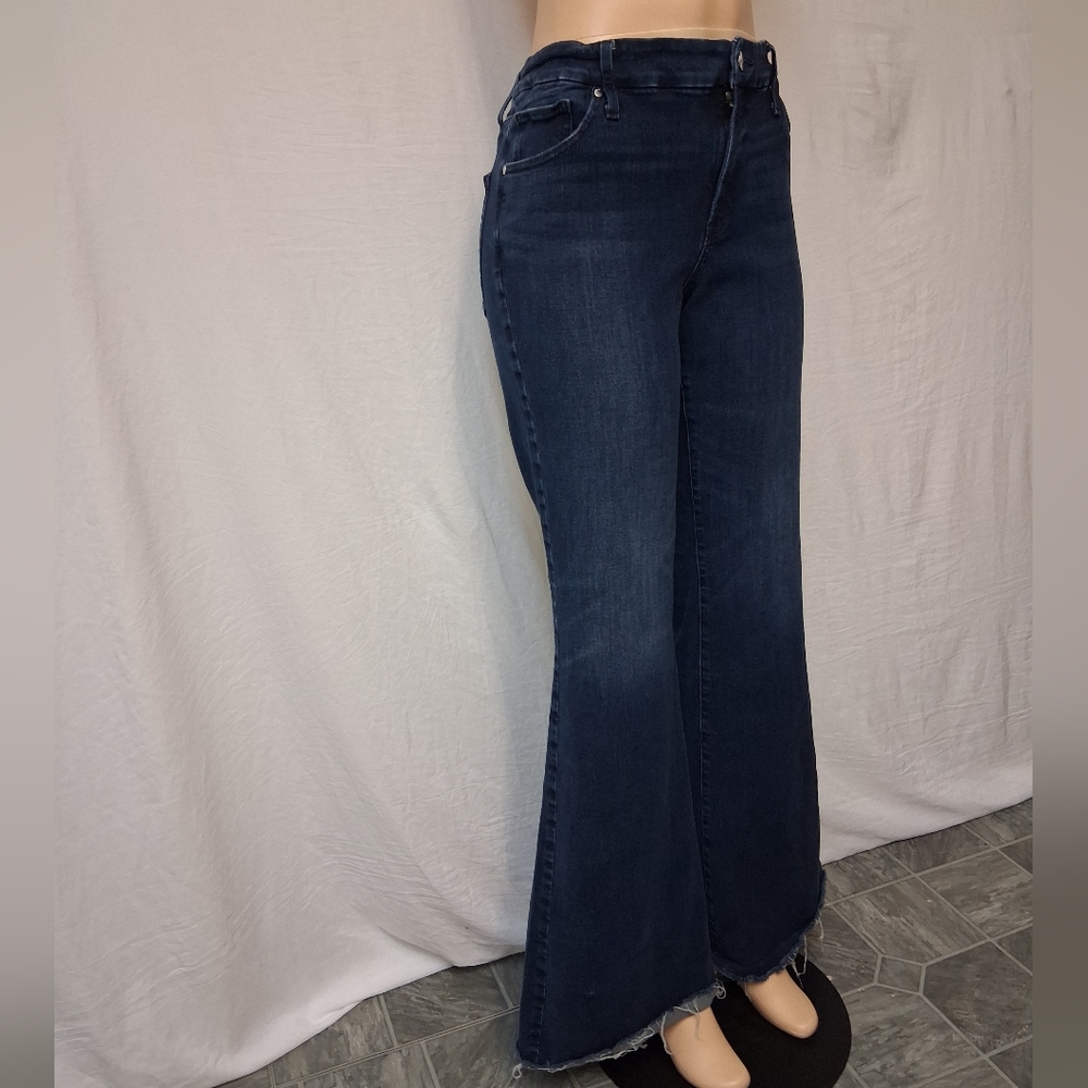 Express Dark Blue Flare Jeans Size L Flare Mio Rise Ultra Hyper Stretch - Picture 5 of 16